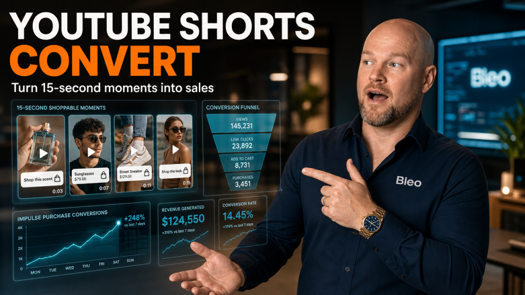 Marketing director Luke Houlihan in a Bleo navy shirt analyzing YouTube Shorts conversion analytics on holographic display with shoppable product links and 15-second video formats, showing excited expression as metrics spike.
