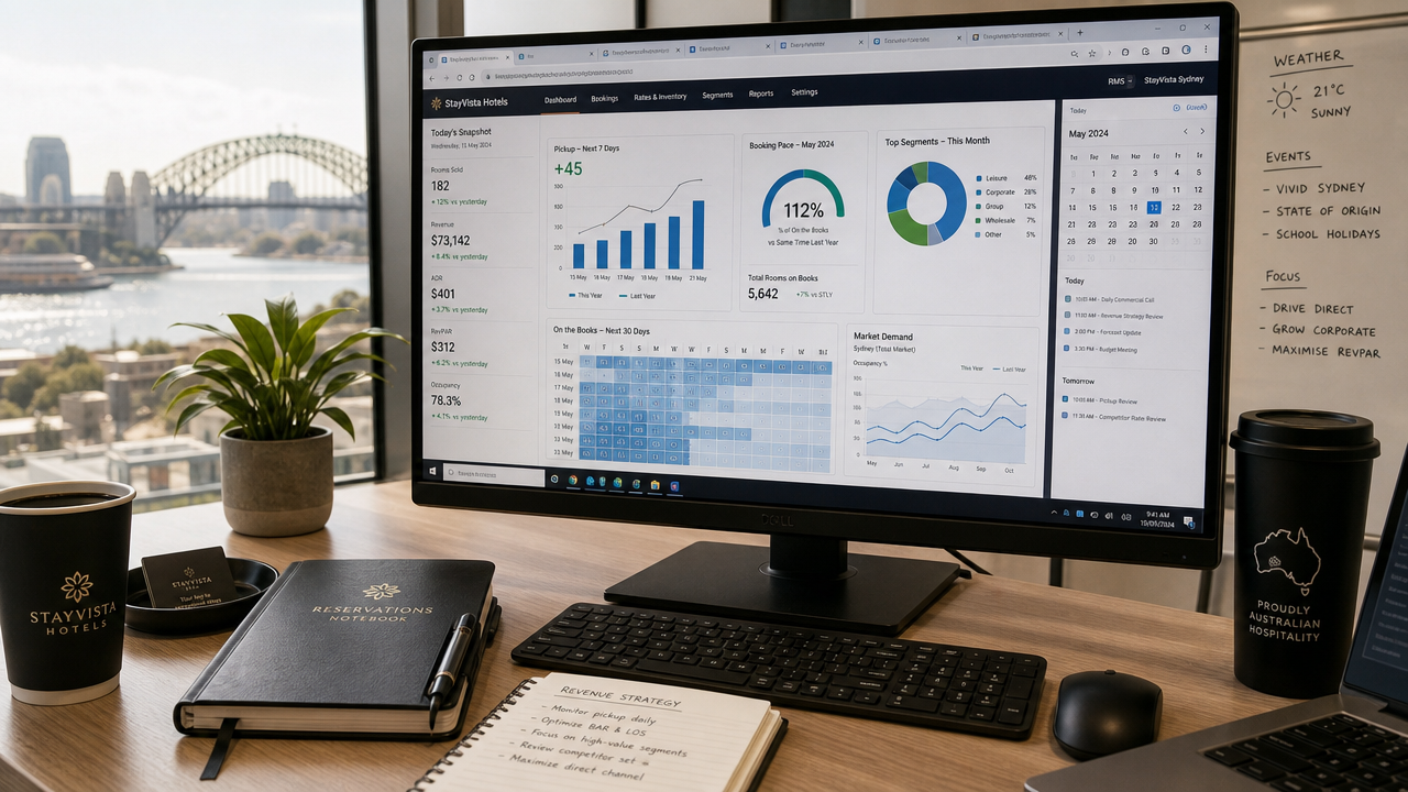 A hospitality manager reviews seasonal booking data and audience segmentation metrics on a computer monitor in a contemporary hotel office setting