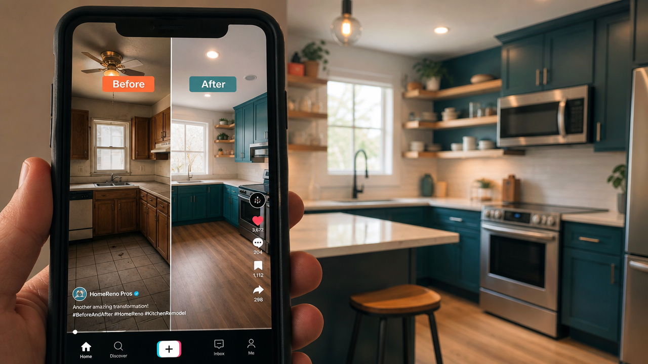 Split-screen before-and-after home renovation displayed on a mobile device angled toward the camera, showcasing dramatic transformation from damaged to professionally finished
