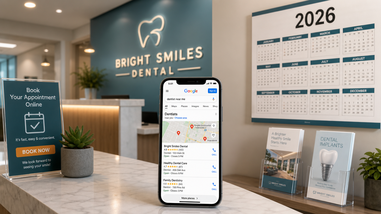 Modern dental practice interior with phone displaying location-based search results and appointment calendar, representing online patient discovery and booking systems
