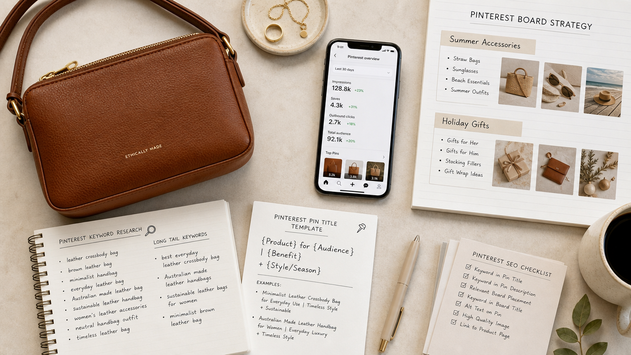 Flat-lay overhead view of an e-commerce brand's Pinterest SEO workflow including product photo, smartphone showing analytics, keyword notes, and board strategy sheets