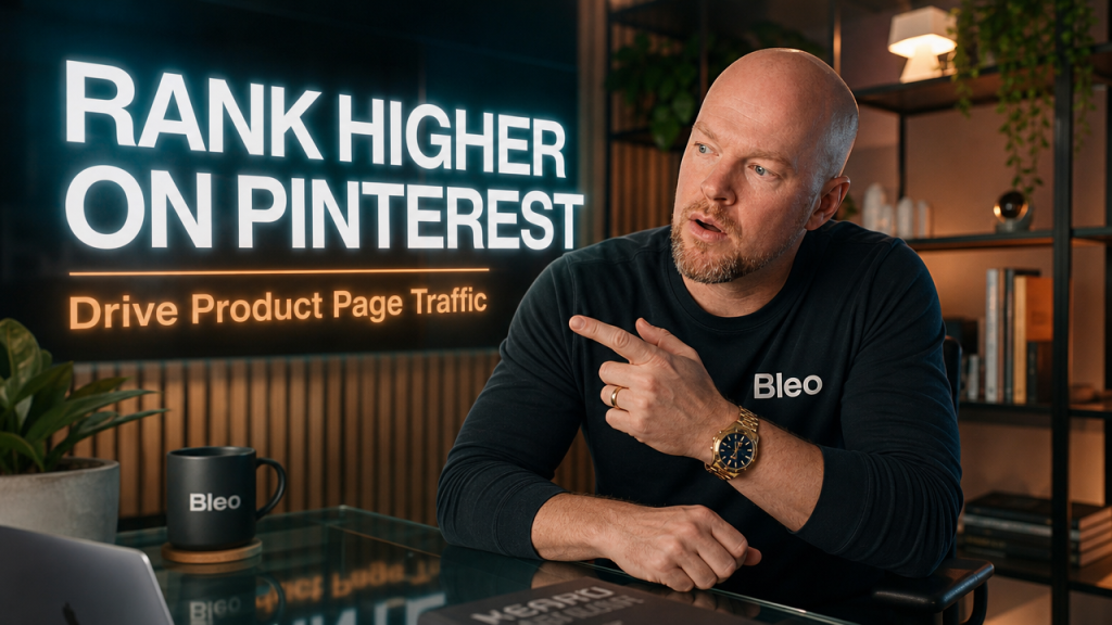 Luke Houlihan wearing a Bleo-branded shirt in a modern home office, focused expression while reading floating text that says "Rank Higher on Pinterest" with cinematic teal-and-orange lighting