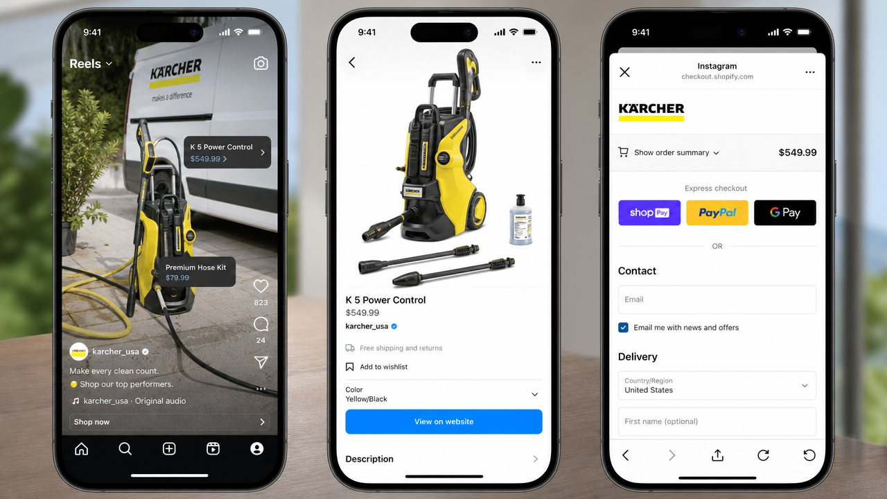 Close-up smartphone screen showing Instagram Reels with shoppable product tags for home service business, professional service package details displayed, 2026 product tagging interface visible.