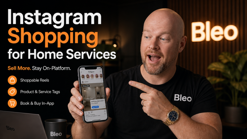 Luke Houlihan explaining Instagram Shopping tags and shoppable Reels features for Australian home service businesses, with product tagging interface visible on a tablet, confident expression, modern office setting, teal-orange cinematic lighting, 2026.