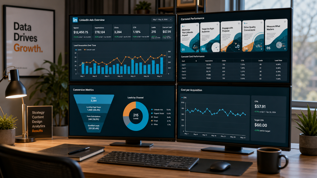 Professional analytics dashboard showing LinkedIn carousel ad performance metrics, conversion data, and lead generation statistics on multiple monitors