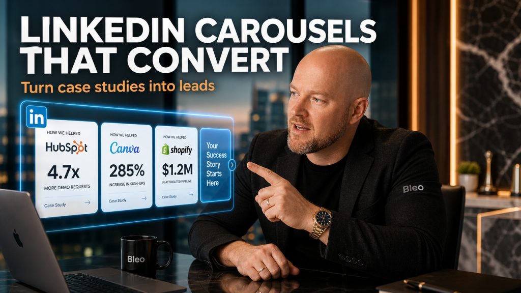 Luke Houlihan pointing at a holographic LinkedIn carousel ad displaying case studies and client results in a modern office setting, with text overlay "LINKEDIN CAROUSELS THAT CONVERT"