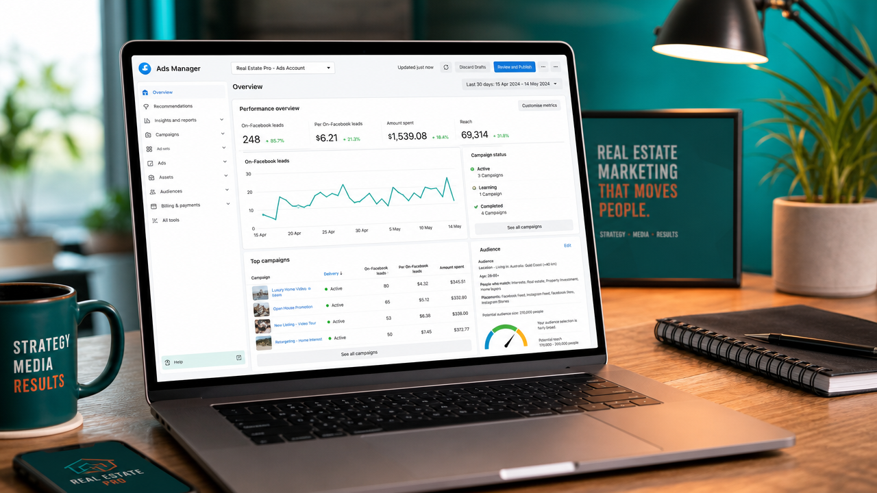 Real estate agent reviewing Facebook Ads Manager dashboard on laptop, showing campaign analytics and property video performance metrics