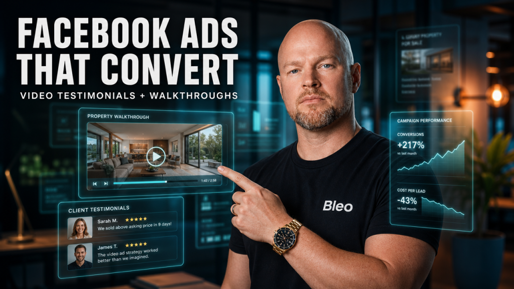 Luke Houlihan in a modern real estate office with holographic property displays, confidently gesturing toward a client testimonial video, with text overlay "Facebook Ads That Convert" and "Video Testimonials + Walkthroughs"