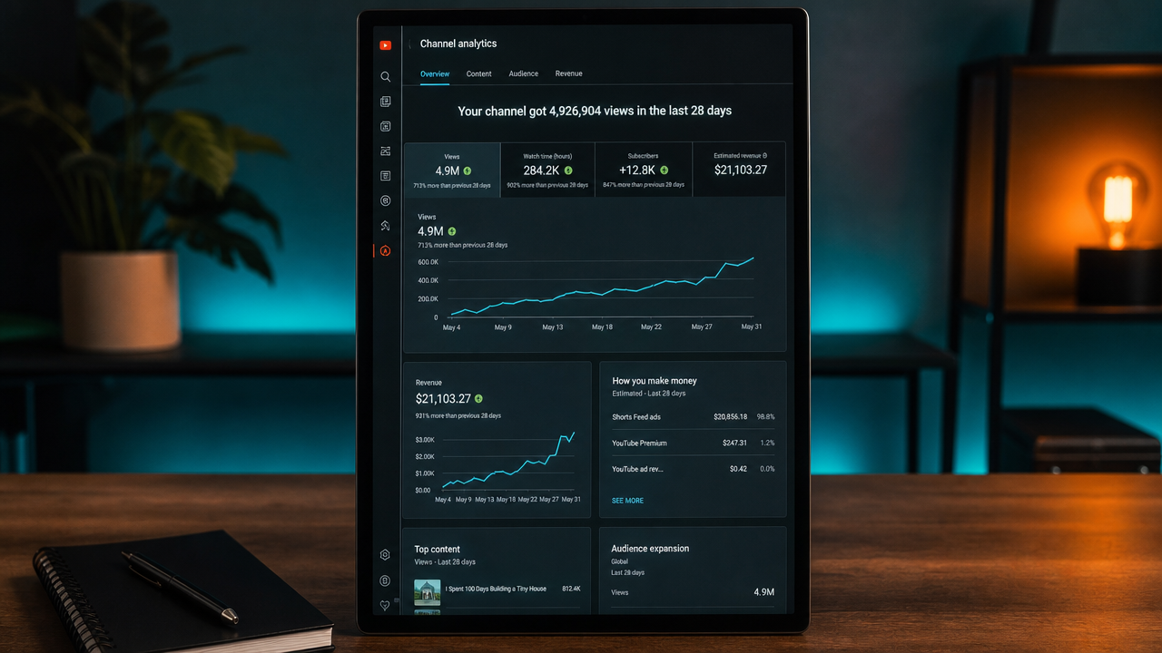 A vertical monitor on a modern minimalist desk displays live YouTube Shorts analytics with CPM rates, trending view counts, and audience expansion metrics in a clean dashboard layout.