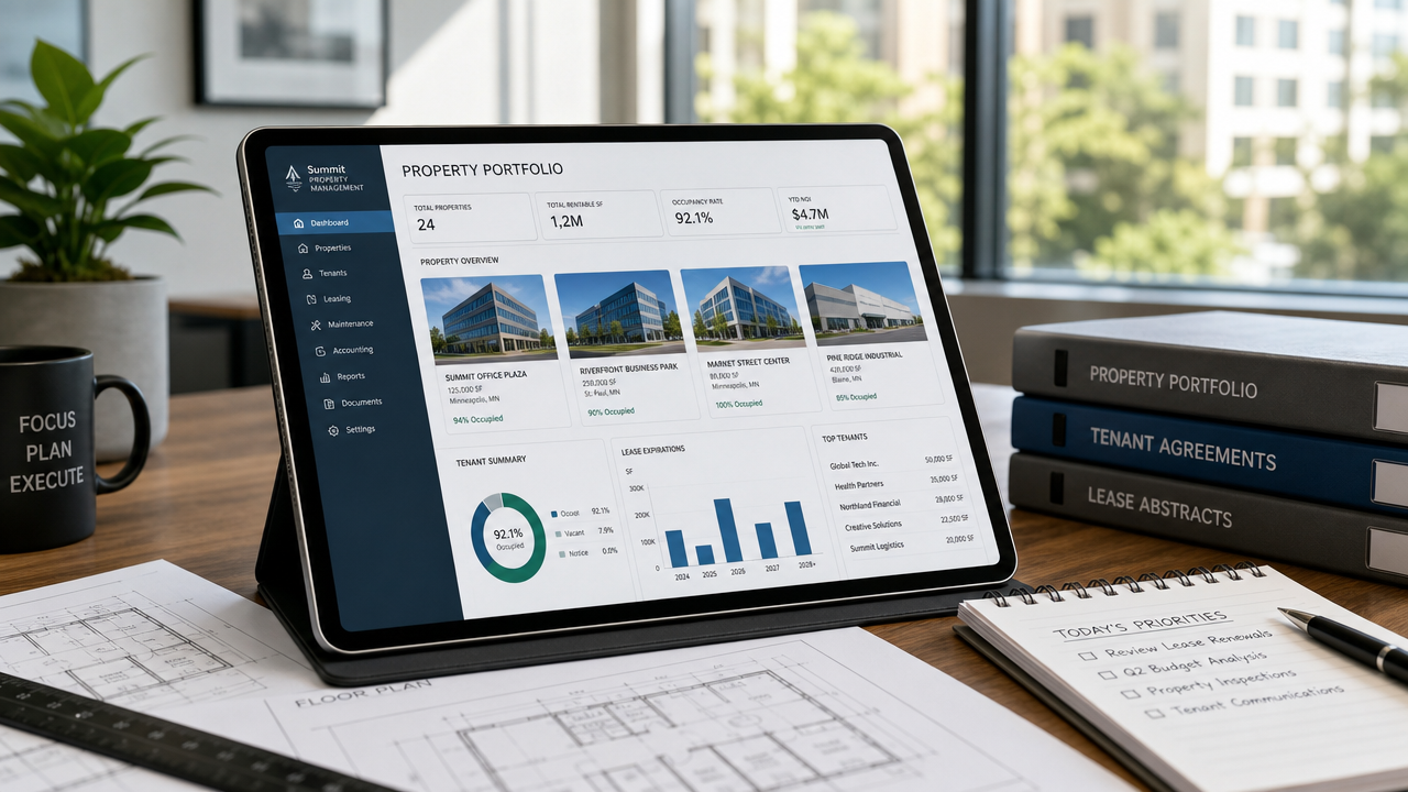 Commercial property manager reviewing tenant portfolios and building management data on a tablet screen in a modern office workspace.