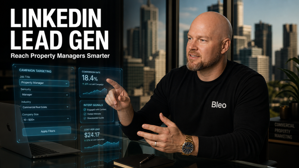 Luke Houlihan sitting at a modern desk reviewing LinkedIn conversion metrics and intent targeting data with holographic UI, confidently smiling while gesturing toward campaign targeting options in a Brisbane office setting.