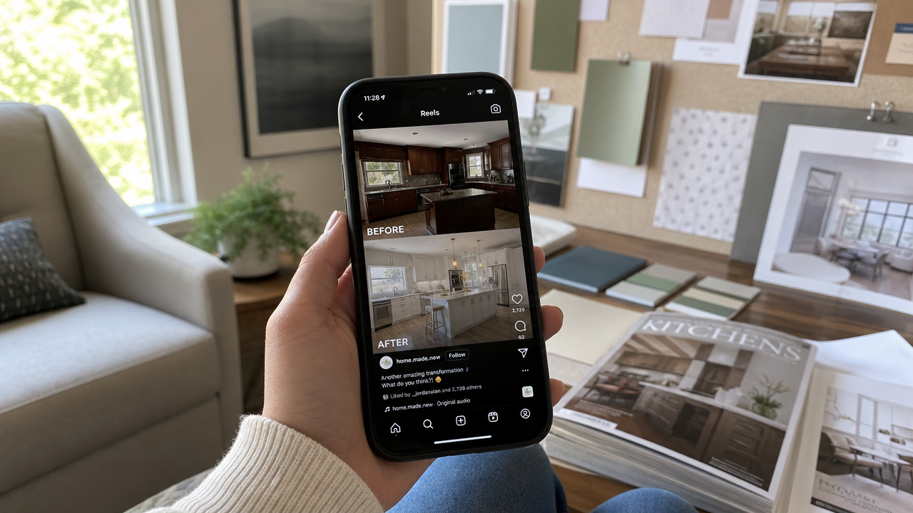 Homeowner scrolling Instagram Reels on smartphone showing before-and-after kitchen renovation, surrounded by design magazines and paint swatches