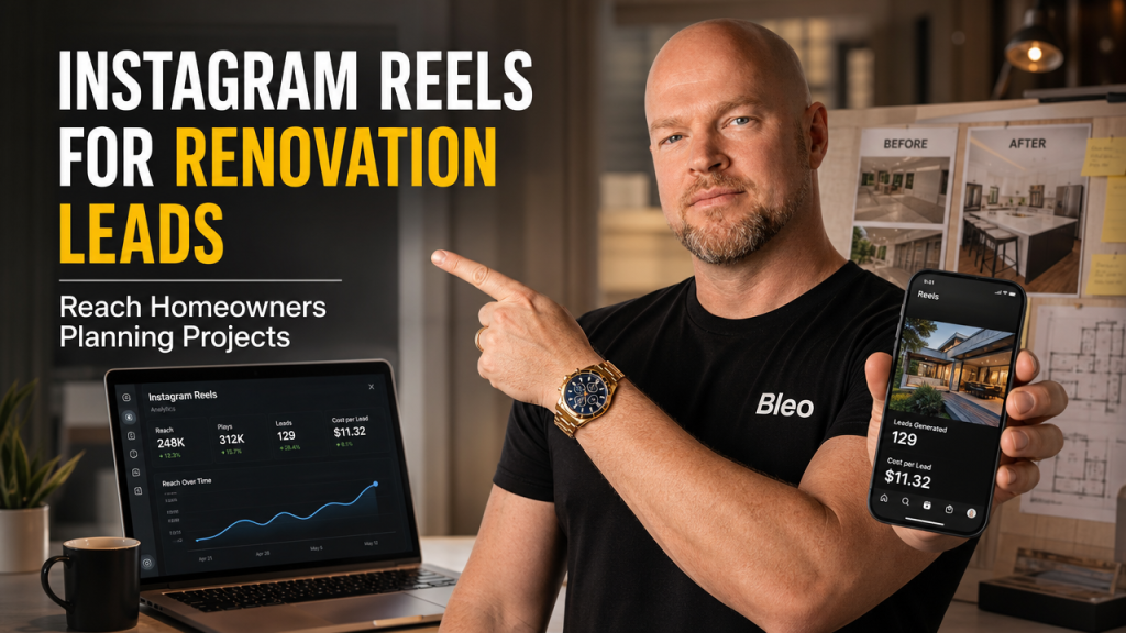 Luke Houlihan wearing a Bleo-branded shirt standing confidently in a home renovation workspace with laptop showing Instagram analytics, before-and-after renovation photos, and a smartphone displaying Reels ad performance metrics