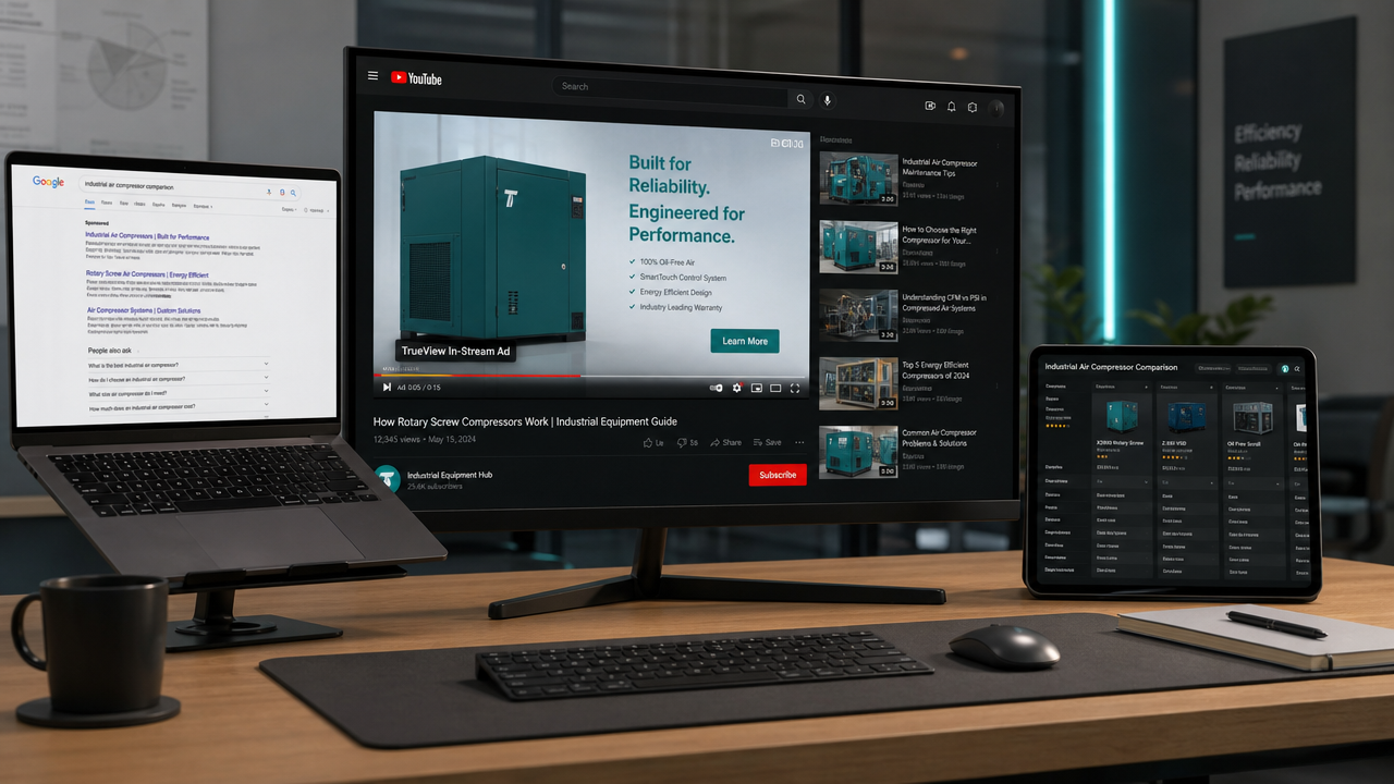 Manufacturing procurement manager researching suppliers at desk with multiple screens showing YouTube product demos and Google Search results, representing B2B industrial equipment comparison process.