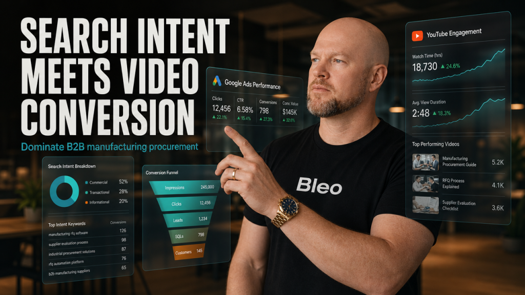 Marketing professional wearing Bleo branded shirt reviewing Google Ads and YouTube analytics on holographic displays, showing B2B manufacturing lead generation metrics with search intent and conversion data visualized in teal and orange.