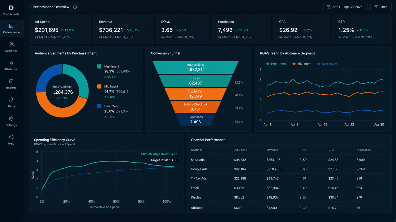 A modern analytics dashboard displaying layered audience segments colour-coded by purchase intent, conversion funnels, ROI metrics, and spending efficiency curves in teal, orange, and navy blue with professional data visualisation.
