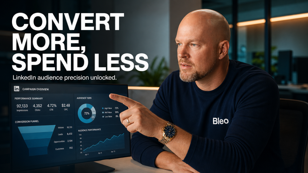 Luke Houlihan in a modern office analyzing a dashboard with LinkedIn conversion data and audience segments, wearing a Bleo-branded navy long sleeve, with confident expression and text overlay "CONVERT MORE, SPEND LESS" with teal and orange cinematic lighting.