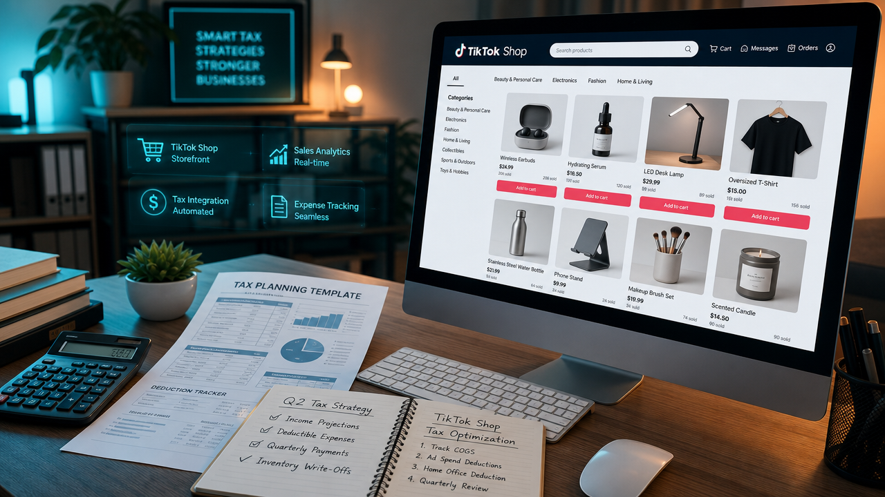 Modern accounting office desk with a desktop computer angled to show TikTok Shop storefront interface, tax planning templates, calculator, and notes in warm teal-and-orange cinematic lighting.