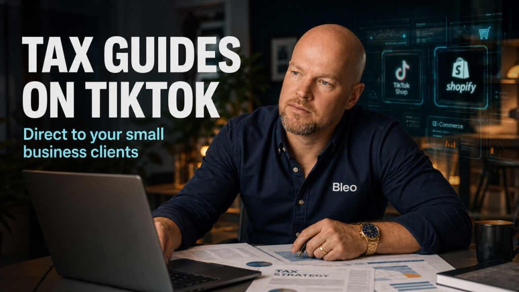 Luke Houlihan at a modern office desk examining financial documents with a thoughtful expression, with 'TAX GUIDES ON TIKTOK' text overlay and 'Direct to your small business clients' subheading in a premium teal-and-orange cinematic setting.