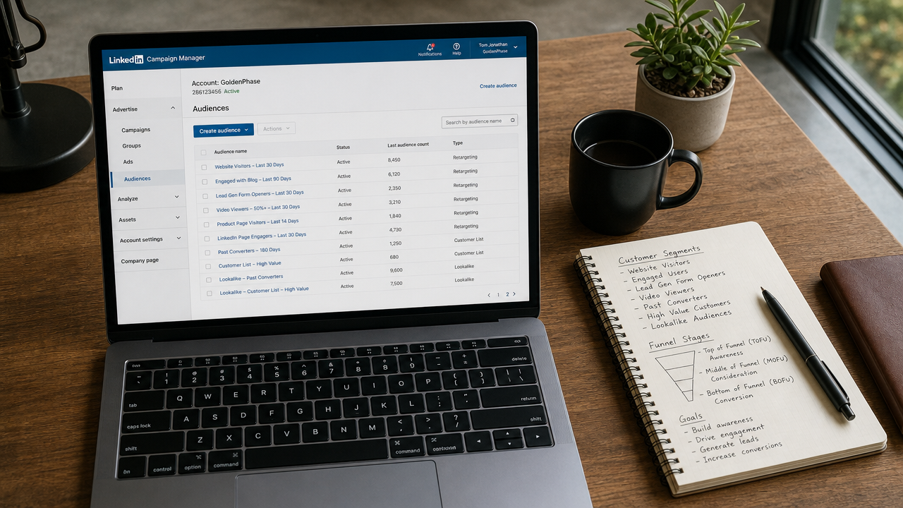 Modern workspace overhead shot with laptop showing LinkedIn Campaign Manager retargeting dashboard and notes on audience segmentation