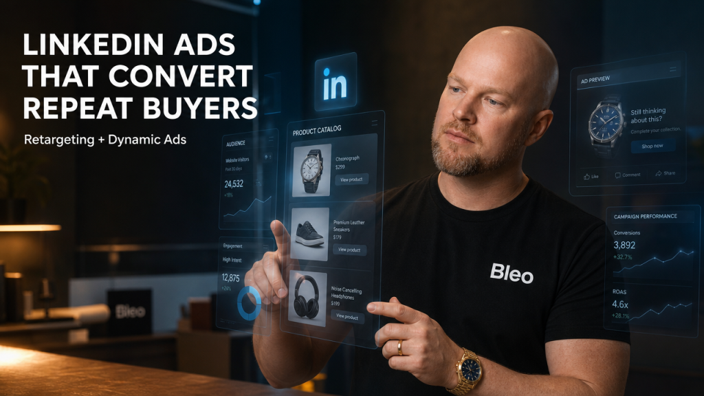 Luke Houlihan in Bleo branded black shirt surrounded by holographic LinkedIn interface panels showing product catalogs, with engaged focus expression, text overlay reading "LINKEDIN ADS THAT CONVERT REPEAT BUYERS"