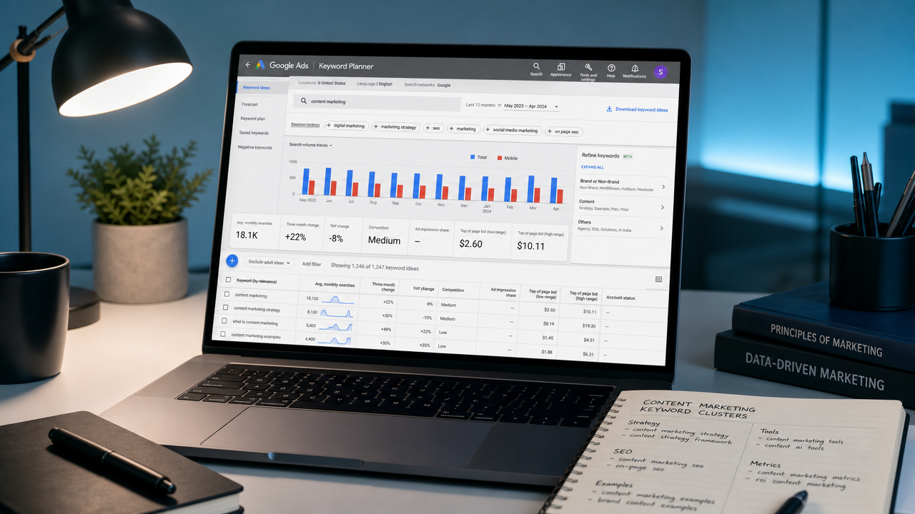 Google Keyword Planner interface showing search volume trends, keyword difficulty scores, and competitor analysis data for SaaS keyword research