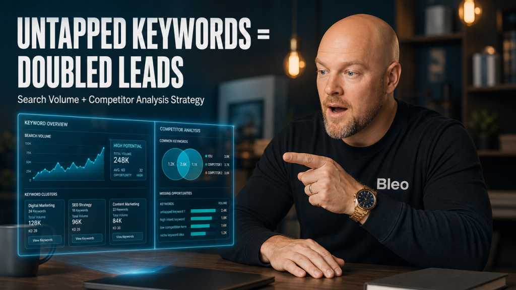 Luke Houlihan reacting with surprise and pointing to holographic keyword research data showing untapped SaaS keyword opportunities with search volume trends and competitor analysis