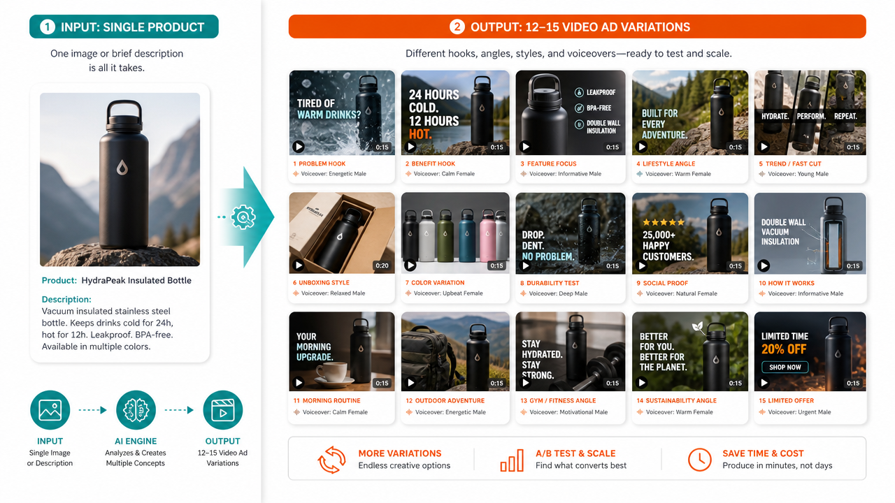 AI video generation workflow showing input product data on left transforming into multiple ad variations on right, illustrating rapid creative scaling