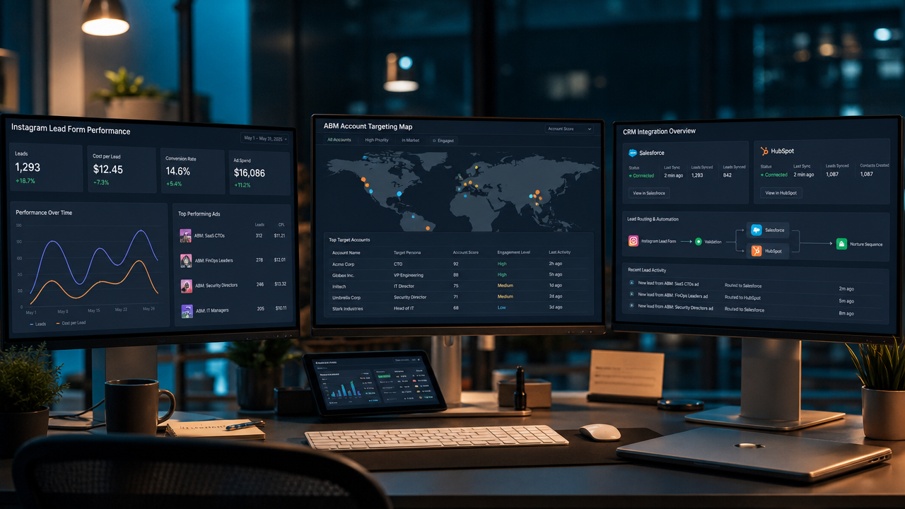 B2B SaaS team gathered around monitors displaying Instagram lead form dashboards and ABM targeting metrics in modern office environment