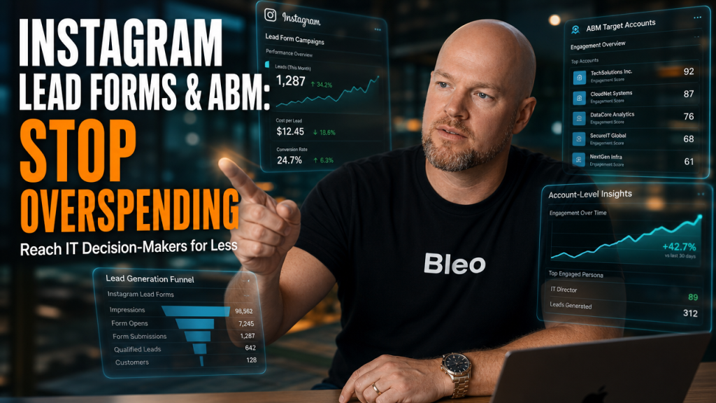 Luke Houlihan pointing at holographic Instagram analytics dashboard showing ABM targeting data and rising lead generation metrics, with Bleo logo visible on his shirt