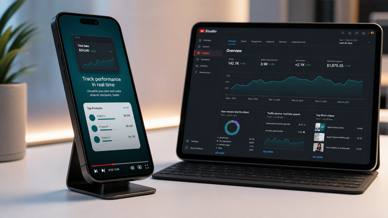Smartphone at 45-degree angle displaying 9:16 vertical SaaS video demo with captions, next to tablet showing YouTube Analytics dashboard with conversion metrics, both on minimalist white desk with soft backlighting