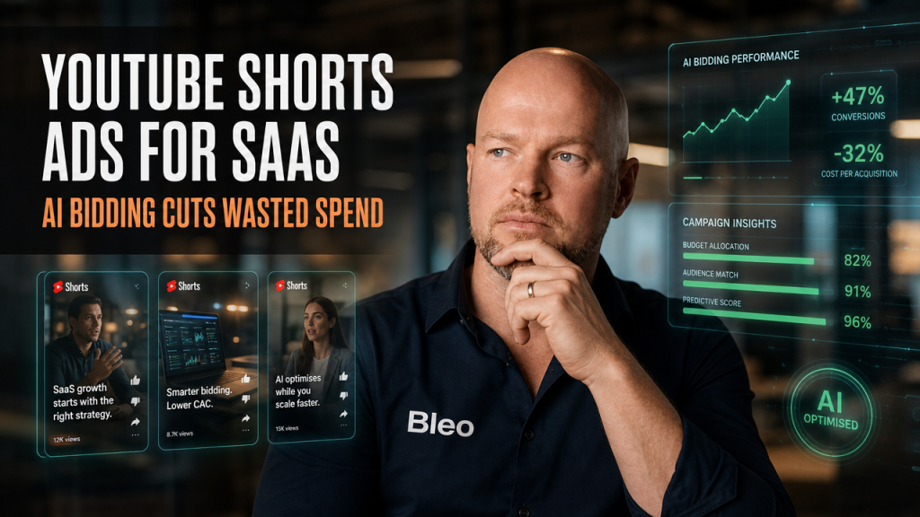 Luke Houlihan in business casual with Bleo logo, positioned centre-right with contemplative expression, surrounded by holographic YouTube Shorts video frames and AI bidding dashboards with green performance indicators in a premium teal-orange cinematic setting