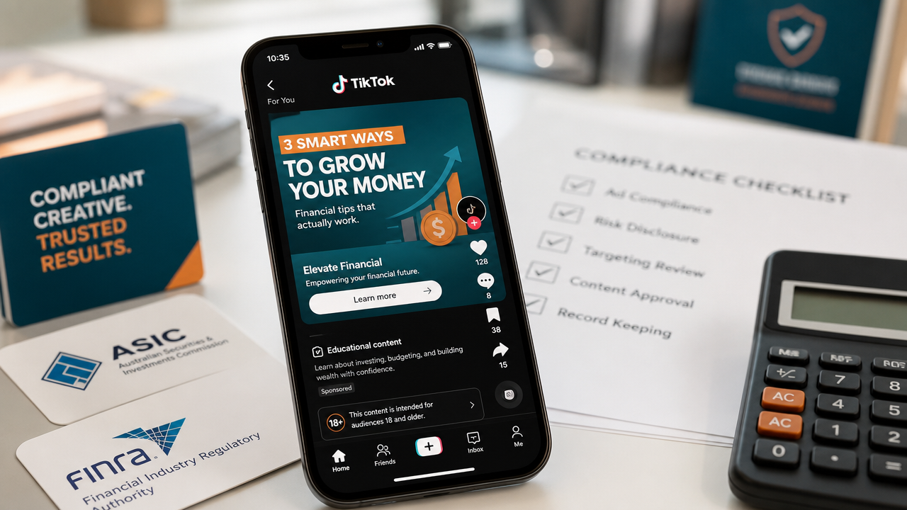 Mobile phone angled toward camera displaying a TikTok financial services advertisement with compliance markers and regulatory badges visible on desk around it