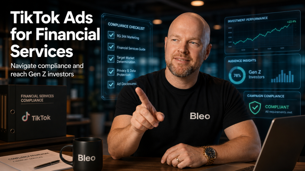 Luke Houlihan in a Bleo-branded shirt sitting at a fintech workspace with holographic financial dashboards, smiling confidently with text overlay reading "TikTok Ads for Financial Services: Navigate compliance and reach Gen Z investors"