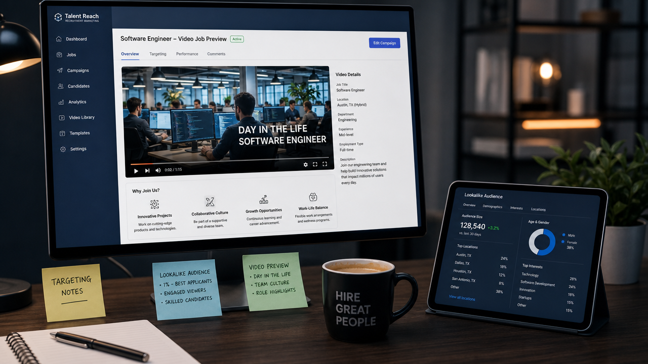 Modern recruitment dashboard on computer monitor displaying video job preview and lookalike audience targeting analytics