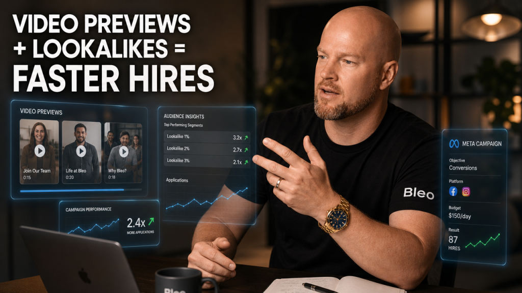 Luke Houlihan in a modern recruitment office with glowing data panels showing video job previews and audience metrics, confidently explaining Facebook ads strategy for recruitment agencies