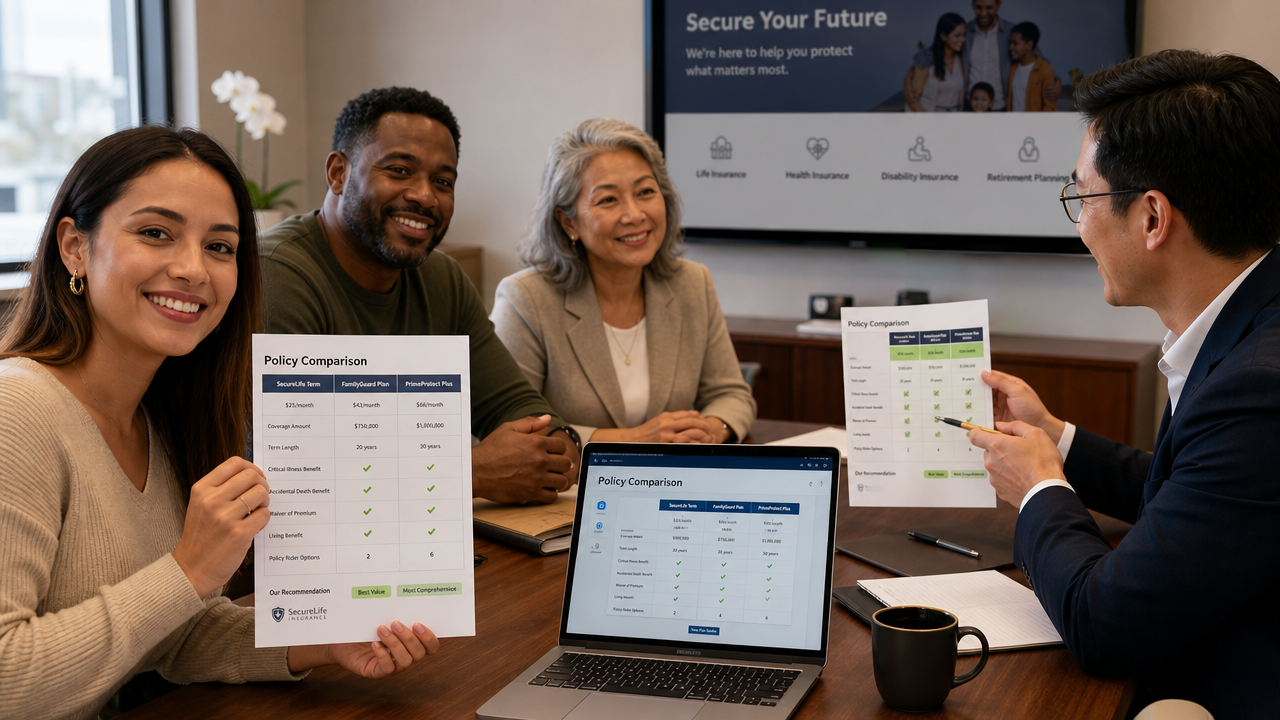 Diverse group of satisfied customers in a professional insurance office reviewing policy comparison documents together at a conference table, smiling with confidence