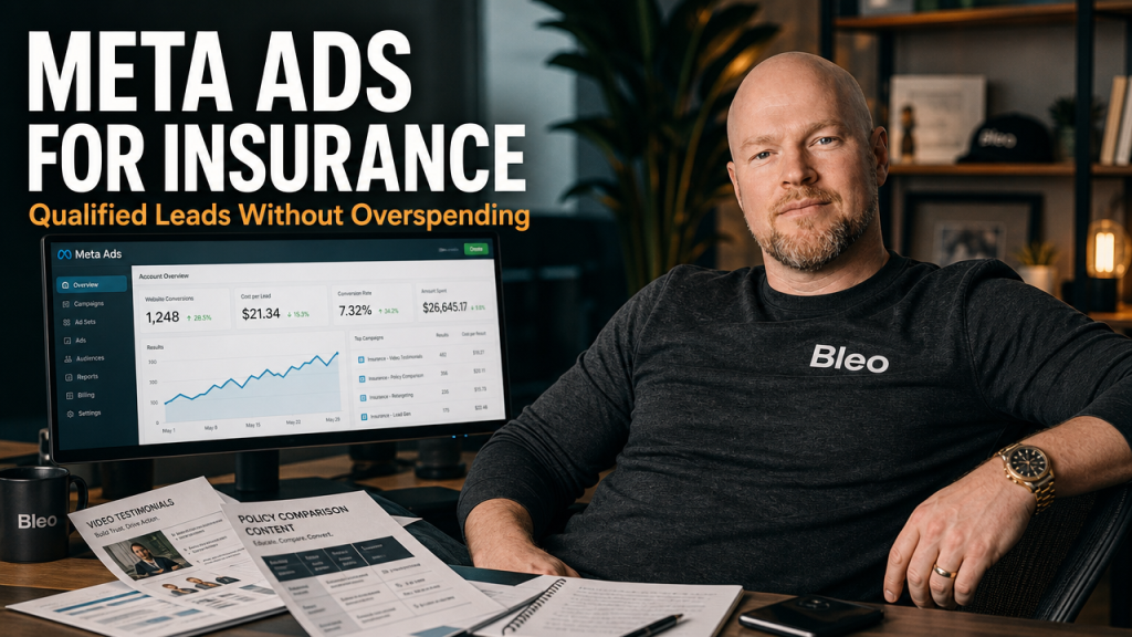 Luke Houlihan sits confidently at a marketing workstation with a Meta Ads dashboard visible on an angled monitor showing positive conversion metrics, with text overlay reading "META ADS FOR INSURANCE: Qualified Leads Without Overspending"