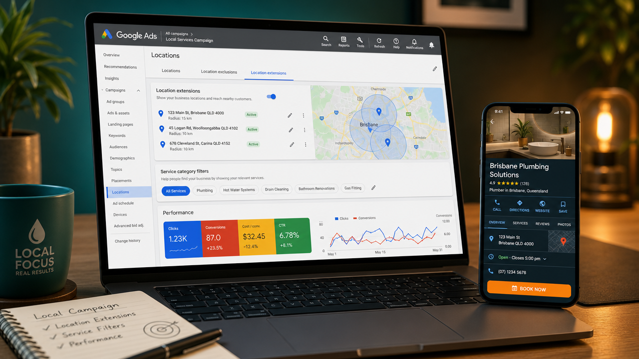 Desktop setup showing a laptop screen with Google Ads location extension campaign and a smartphone displaying a local business profile, illustrating how chiropractors and physios use location extensions to drive patient bookings.