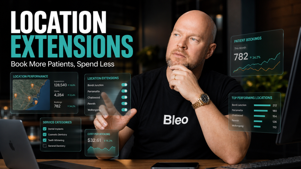 Luke Houlihan wearing Bleo-branded apparel confidently gestures toward holographic digital interface panels displaying location maps and patient booking analytics, representing Google Ads location targeting strategy for Australian chiropractors and physiotherapists.