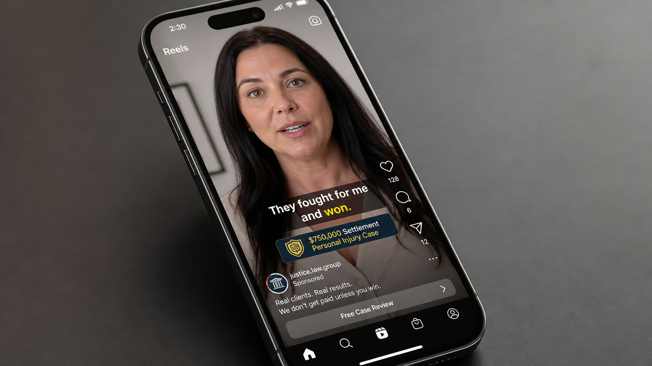 Smartphone displaying an Instagram Reels testimonial video for a legal services campaign, showing a client speaking to camera