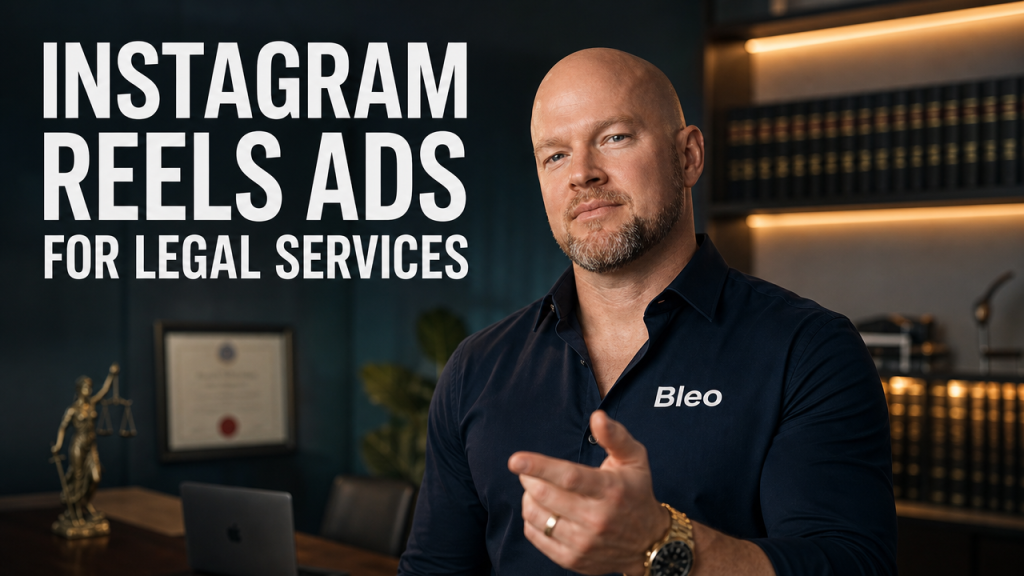 Luke Houlihan in a modern law office smiling confidently with "Instagram Reels Ads for Legal Services" text overlay, representing short-form video strategies for law firm client acquisition
