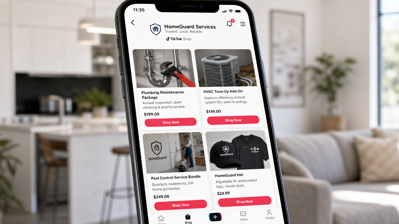 Smartphone displaying TikTok Shop storefront with home service packages including plumbing maintenance, HVAC tune-ups, and branded merchandise with pricing and shop buttons visible