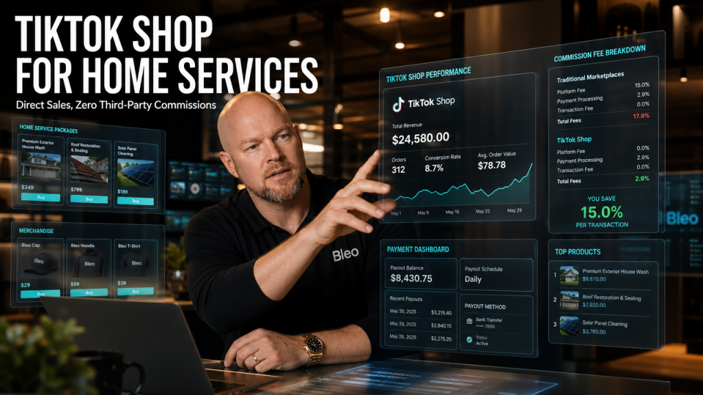 Luke Houlihan standing in a modern office surrounded by holographic digital displays showing TikTok Shop service packages, merchandise, and commission metrics, with confident expression and Bleo-branded clothing, text overlay reads "TIKTOK SHOP FOR HOME SERVICES"