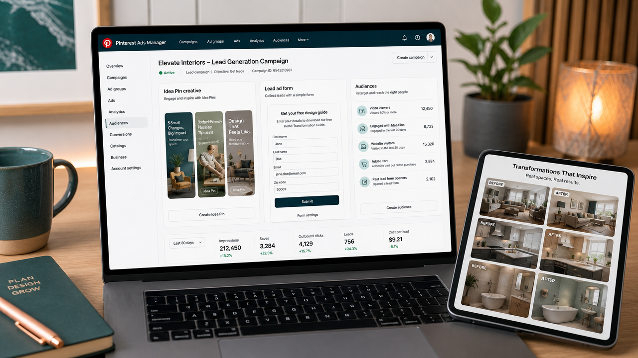 A laptop screen showing Pinterest Ads Manager with Idea Pin creative, lead forms, and retargeting audiences, positioned clearly toward the camera
