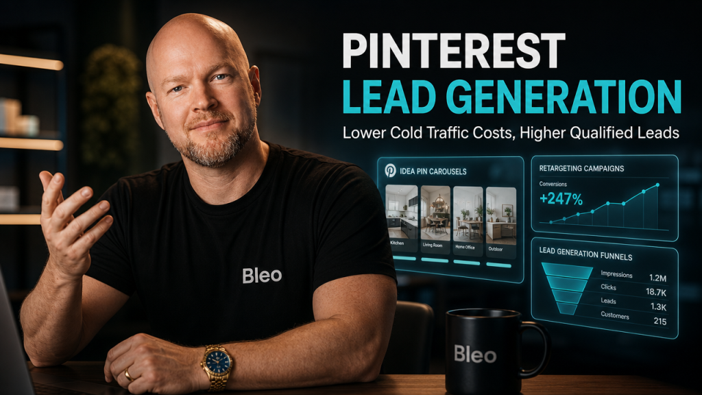 Luke Houlihan in a Bleo shirt smiles confidently in a modern workspace with holographic Pinterest panels showing Idea Pins and retargeting data, with text overlay reading "Pinterest Lead Generation"
