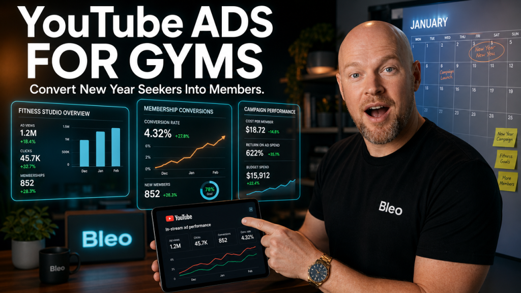 Luke Houlihan wearing Bleo-branded shirt holds a tablet showing YouTube ads analytics dashboard, expressing surprised enthusiasm while reviewing fitness gym membership conversion data in a modern workspace with holographic panels.