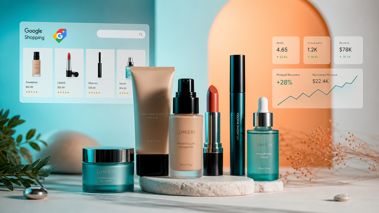 Professionally arranged cosmetics and beauty products displayed in studio lighting, suitable for ecommerce Google Shopping feeds