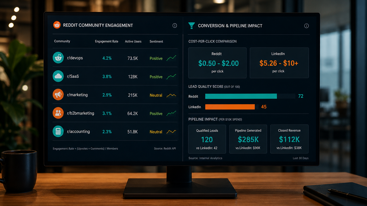 Analytics dashboard comparing Reddit advertising metrics, subreddit targeting data, and cost-per-click performance against traditional B2B platforms