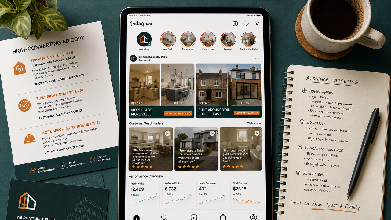 Tablet displaying Instagram construction ads with before-and-after photos and customer testimonials, surrounded by marketing notes and analytics dasheets
